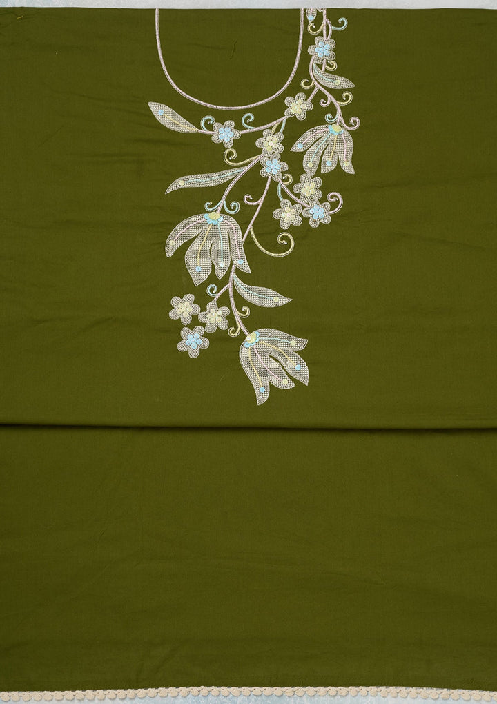 Leaf Green Threadwork Cotton Unstitched Salwar Suit-koskii