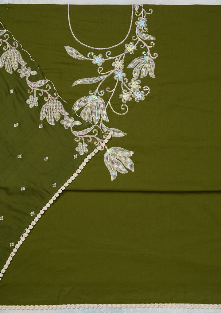 Leaf Green Threadwork Cotton Unstitched Salwar Suit-koskii