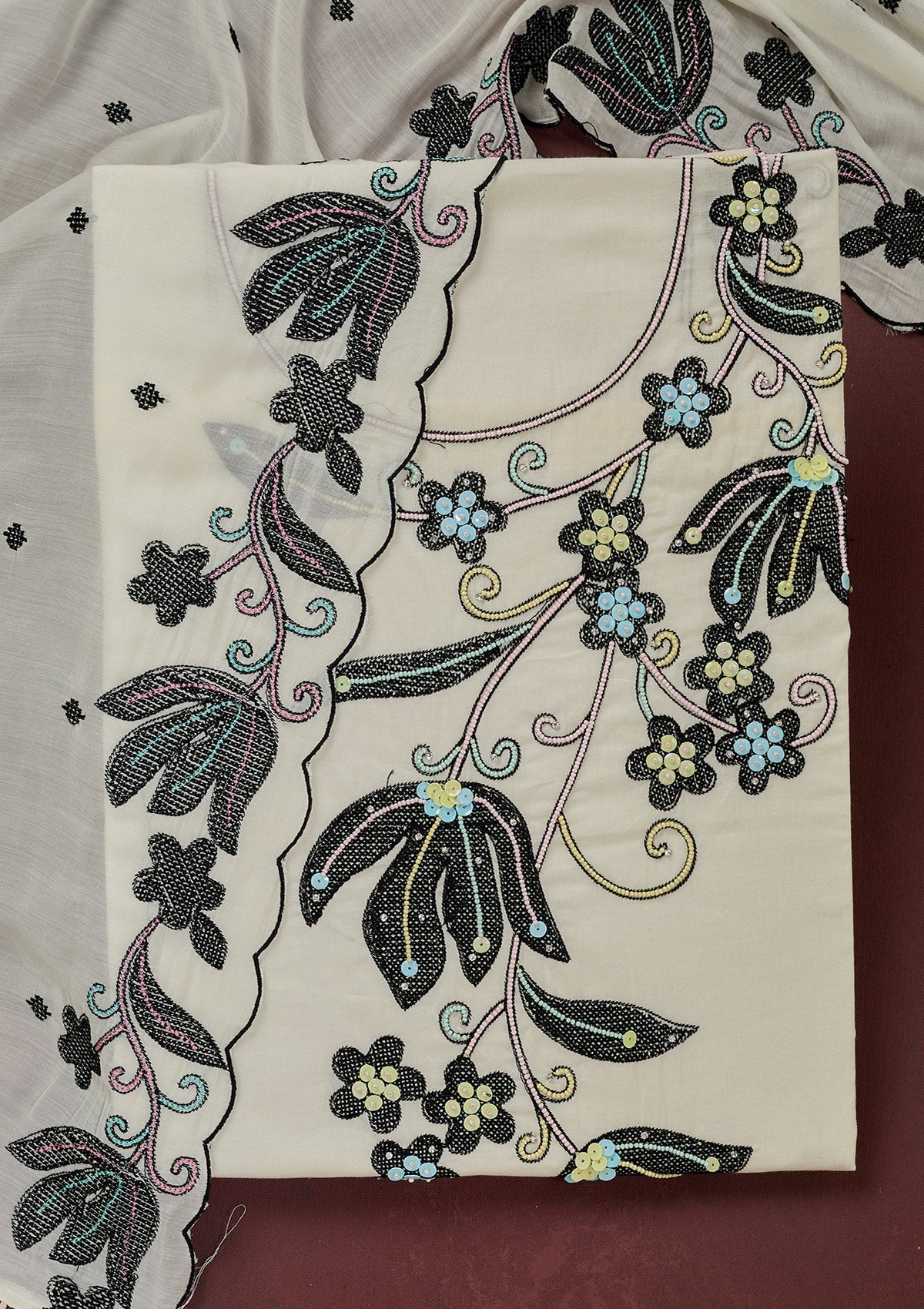 Off White Threadwork Cotton Unstitched Salwar Suit-Koskii