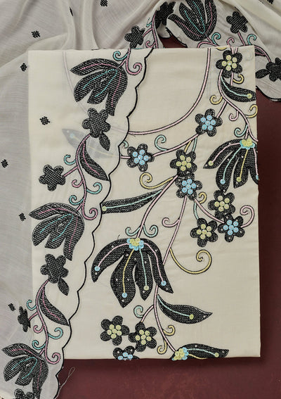 Off White Threadwork Cotton Unstitched Salwar Suit-Koskii