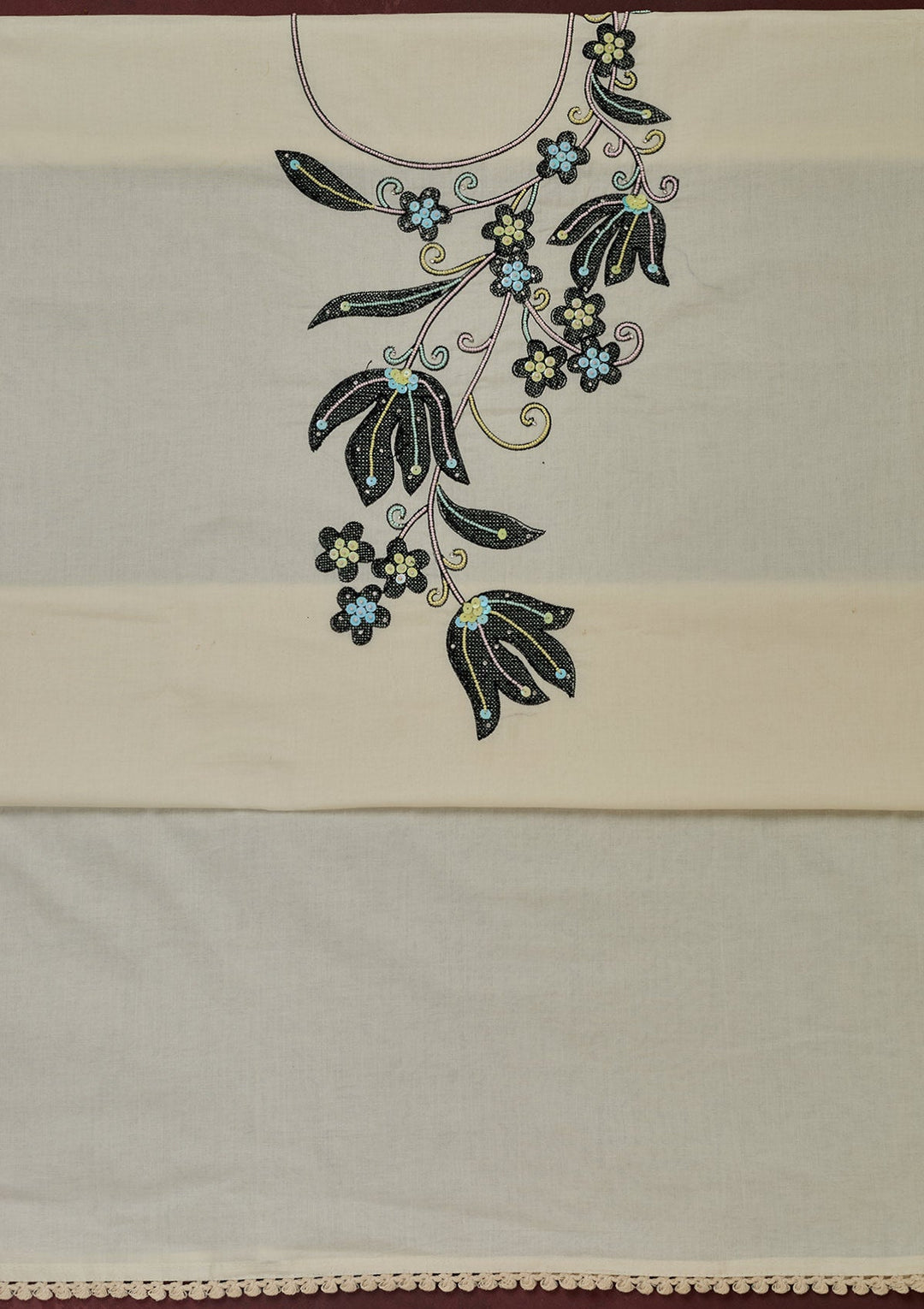 Off White Threadwork Cotton Unstitched Salwar Suit-Koskii