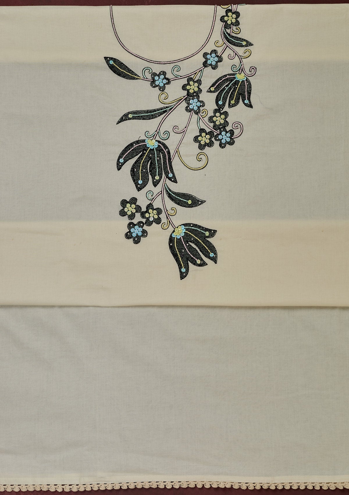 Off White Threadwork Cotton Unstitched Salwar Suit-Koskii