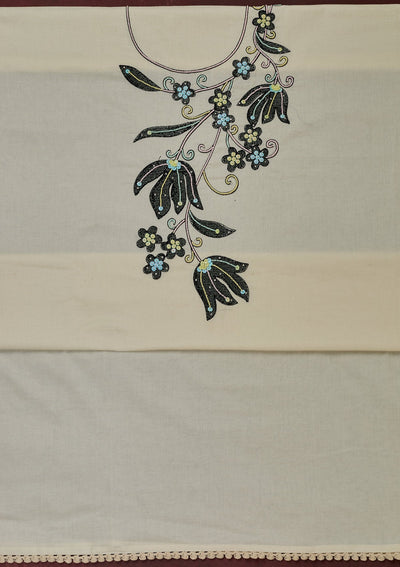 Off White Threadwork Cotton Unstitched Salwar Suit-Koskii