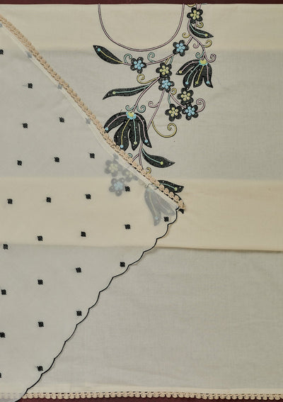 Off White Threadwork Cotton Unstitched Salwar Suit-Koskii