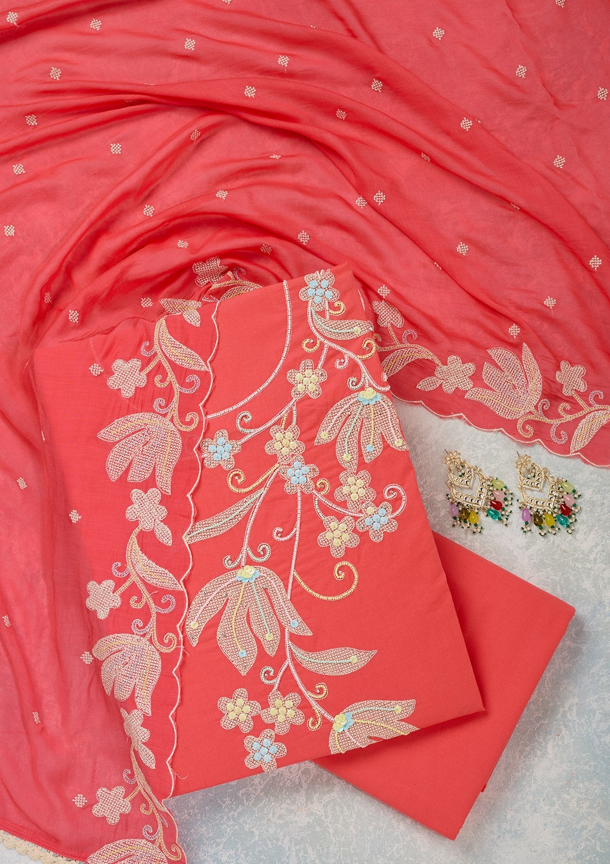 Pink Threadwork Cotton Unstitched Salwar Suit-Koskii