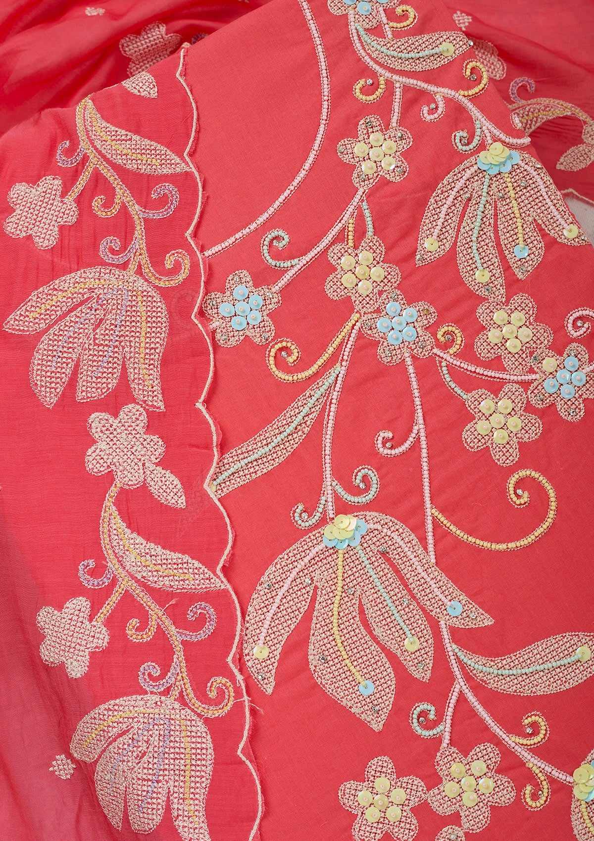 Pink Threadwork Cotton Unstitched Salwar Suit-Koskii