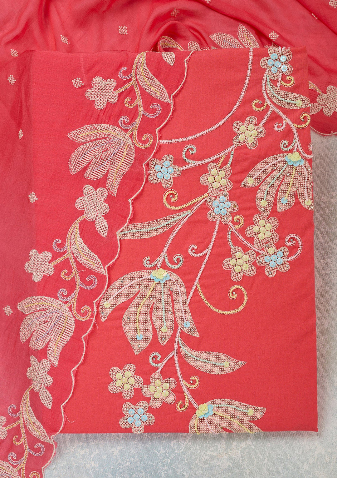 Pink Threadwork Cotton Unstitched Salwar Suit-Koskii