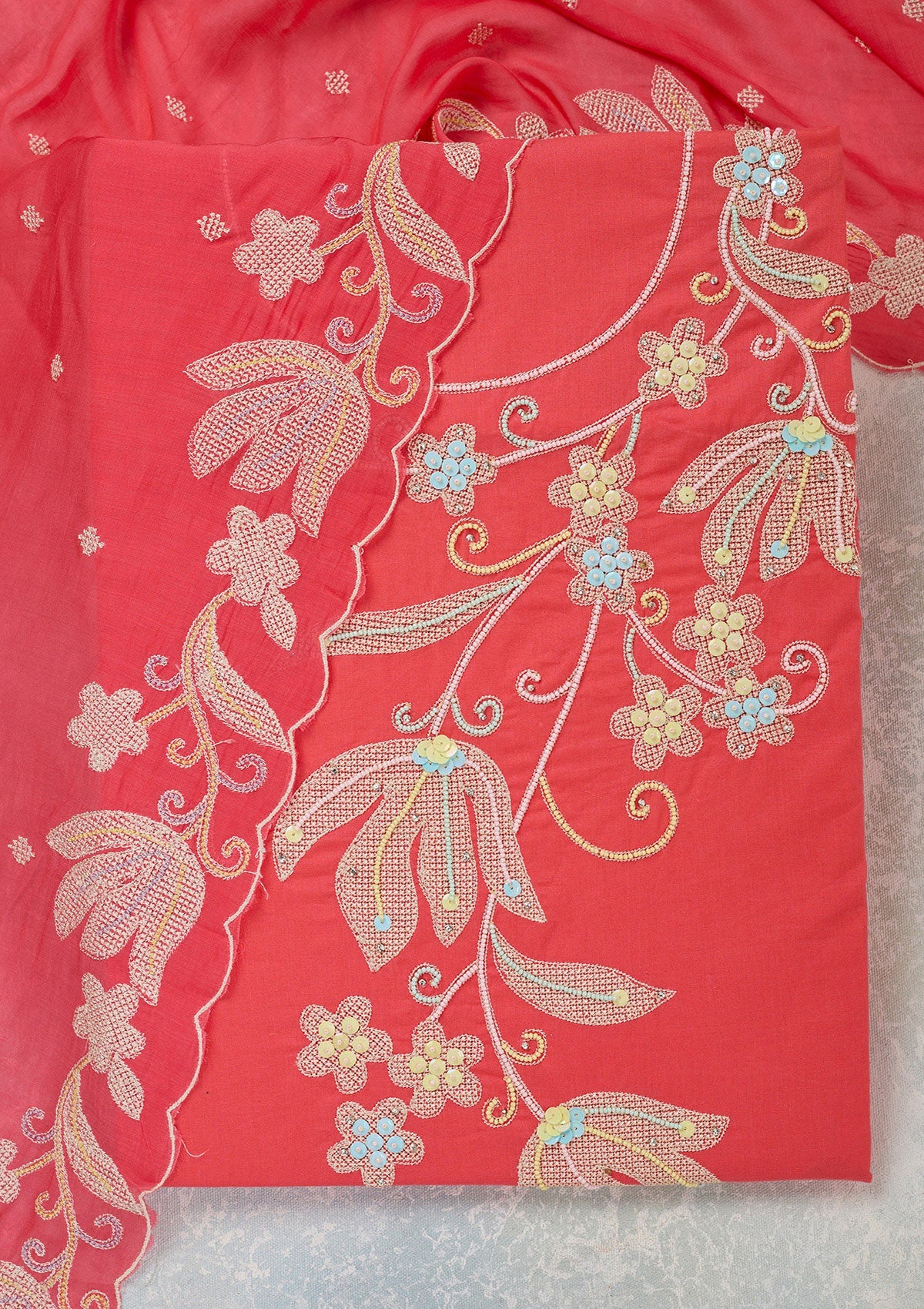 Pink Threadwork Cotton Unstitched Salwar Suit-Koskii