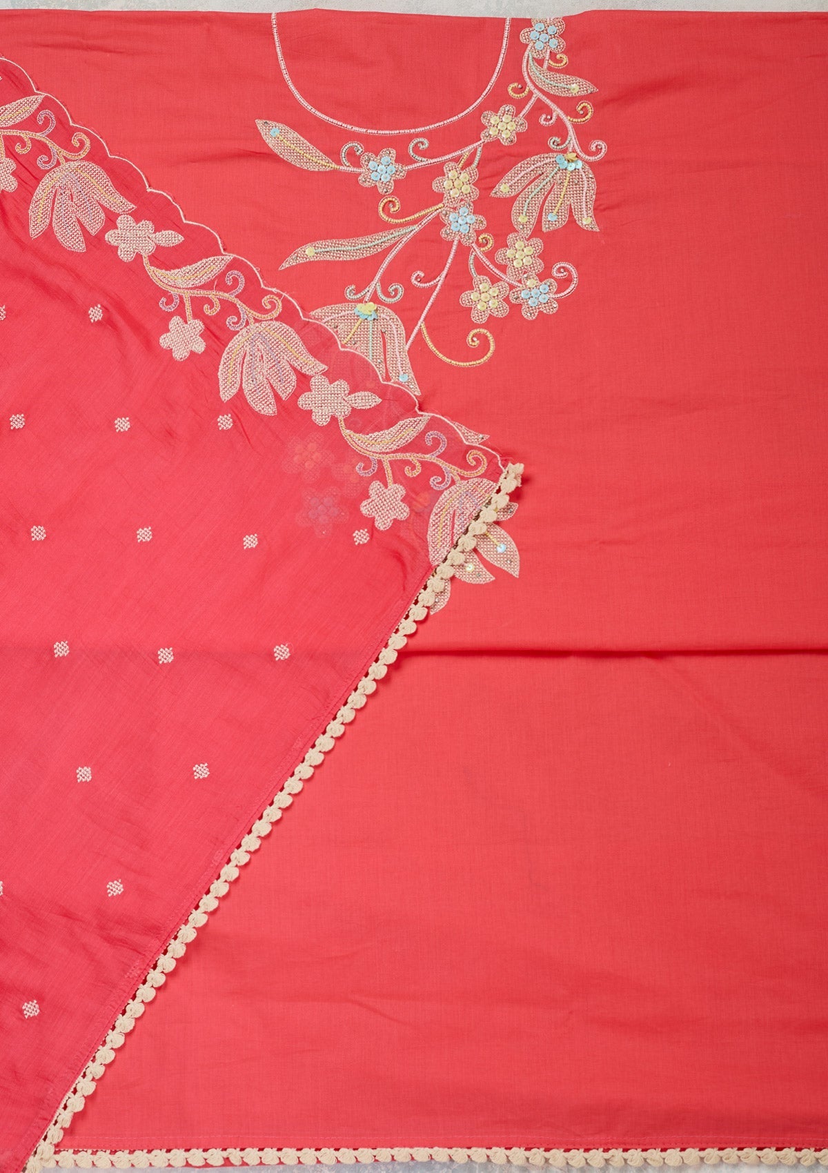 Pink Threadwork Cotton Unstitched Salwar Suit-Koskii