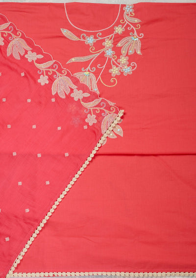 Pink Threadwork Cotton Unstitched Salwar Suit-Koskii