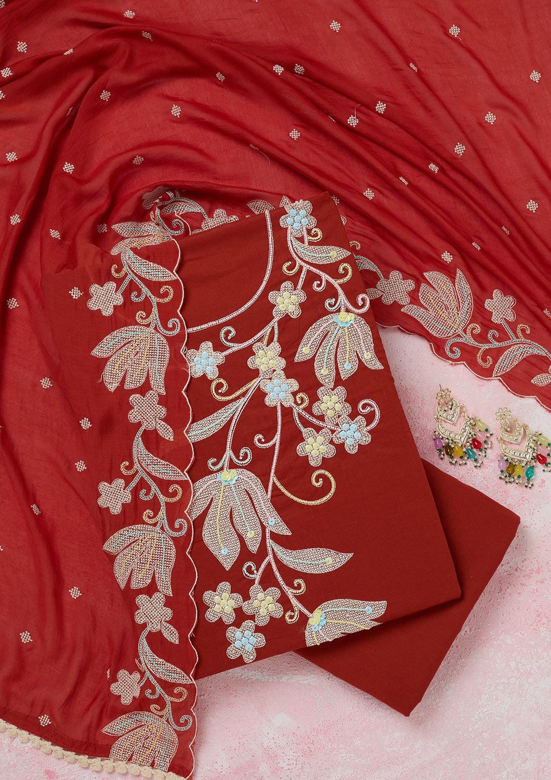 Rust Threadwork Cotton Unstitched Salwar Suit-koskii