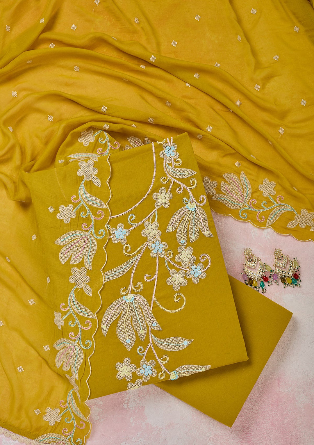 Yellow Threadwork Cotton Unstitched Salwar Suit-Koskii