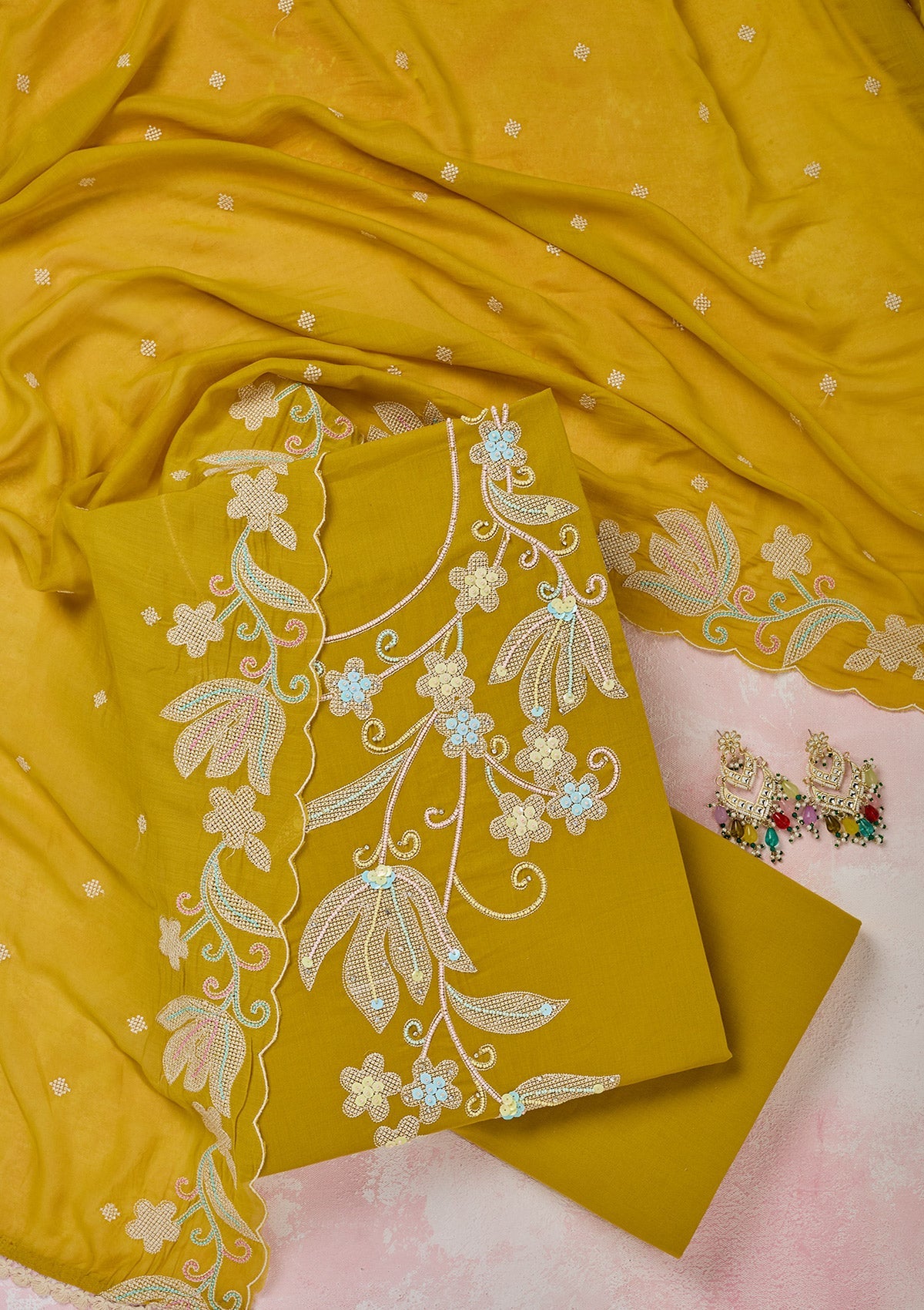 Yellow Threadwork Cotton Unstitched Salwar Suit-Koskii