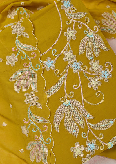 Yellow Threadwork Cotton Unstitched Salwar Suit-Koskii