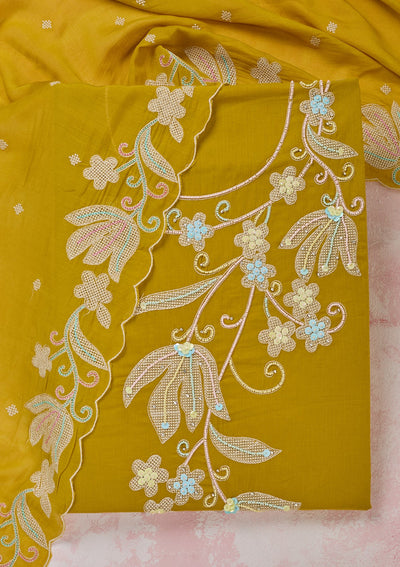 Yellow Threadwork Cotton Unstitched Salwar Suit-Koskii