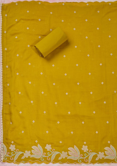 Yellow Threadwork Cotton Unstitched Salwar Suit-Koskii