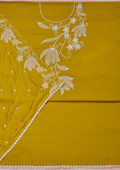 Yellow Threadwork Cotton Unstitched Salwar Suit-Koskii