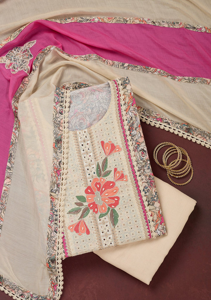 Cream Threadwork Cotton Unstitched Salwar Suit-Koskii