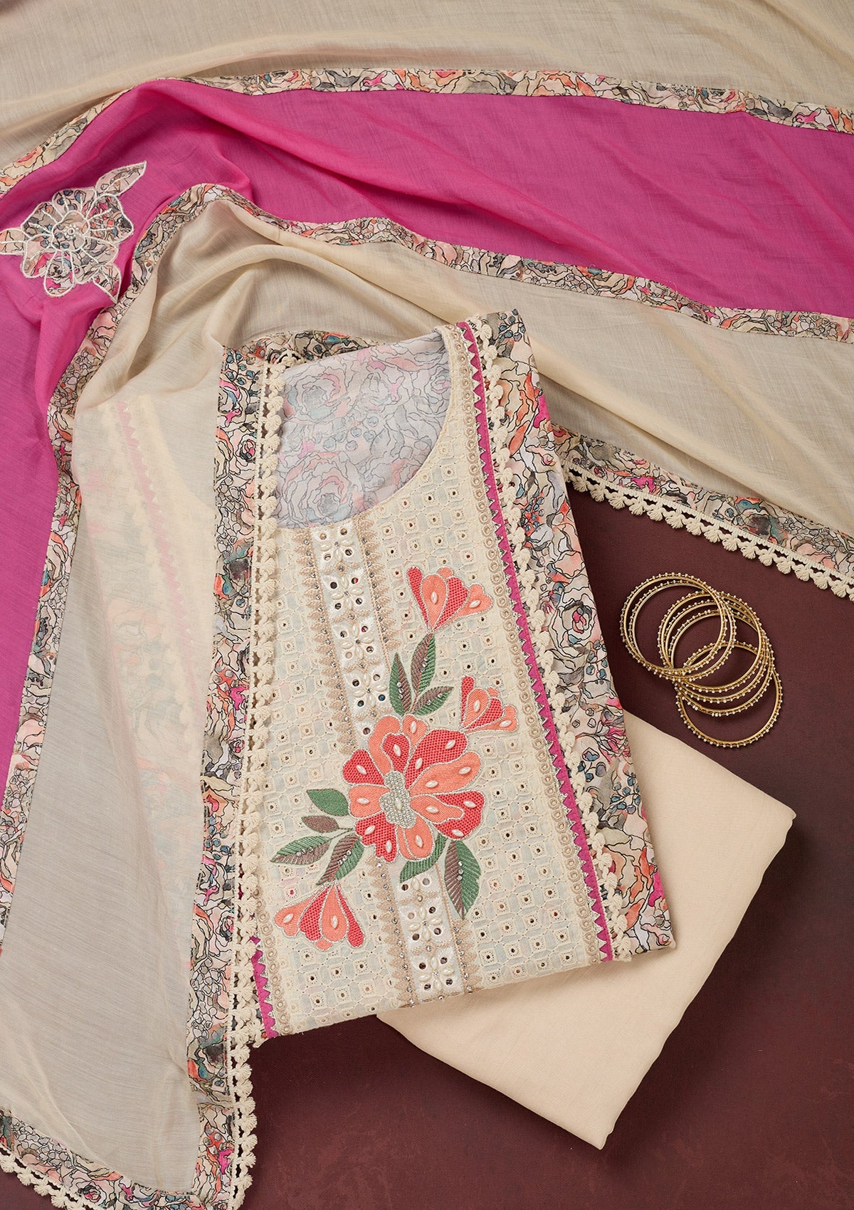 Cream Threadwork Cotton Unstitched Salwar Suit-Koskii