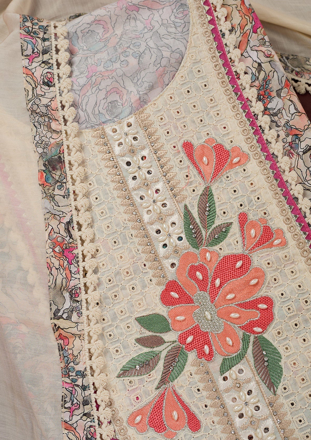 Cream Threadwork Cotton Unstitched Salwar Suit-Koskii