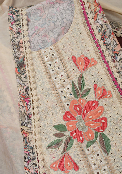 Cream Threadwork Cotton Unstitched Salwar Suit-Koskii