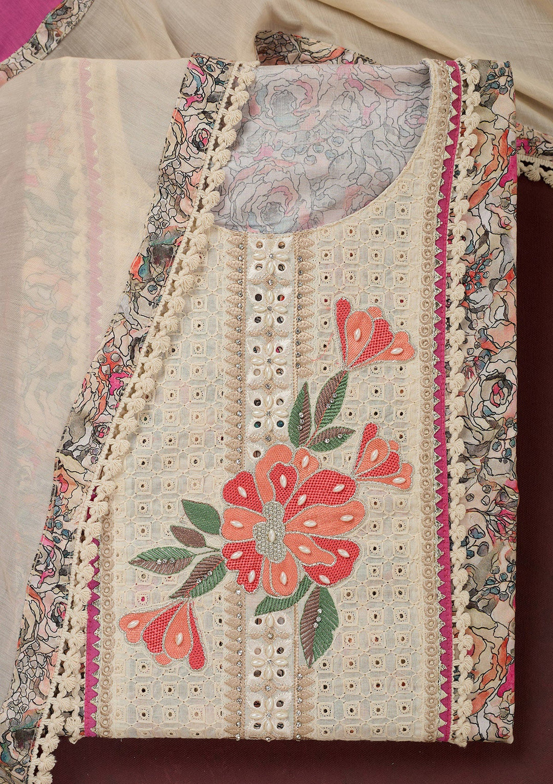 Cream Threadwork Cotton Unstitched Salwar Suit-Koskii