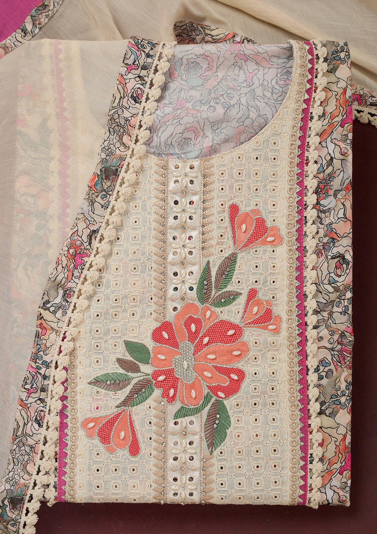 Cream Threadwork Cotton Unstitched Salwar Suit-Koskii