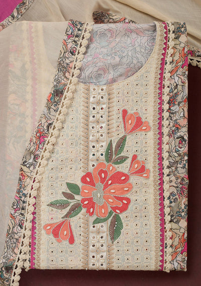 Cream Threadwork Cotton Unstitched Salwar Suit-Koskii