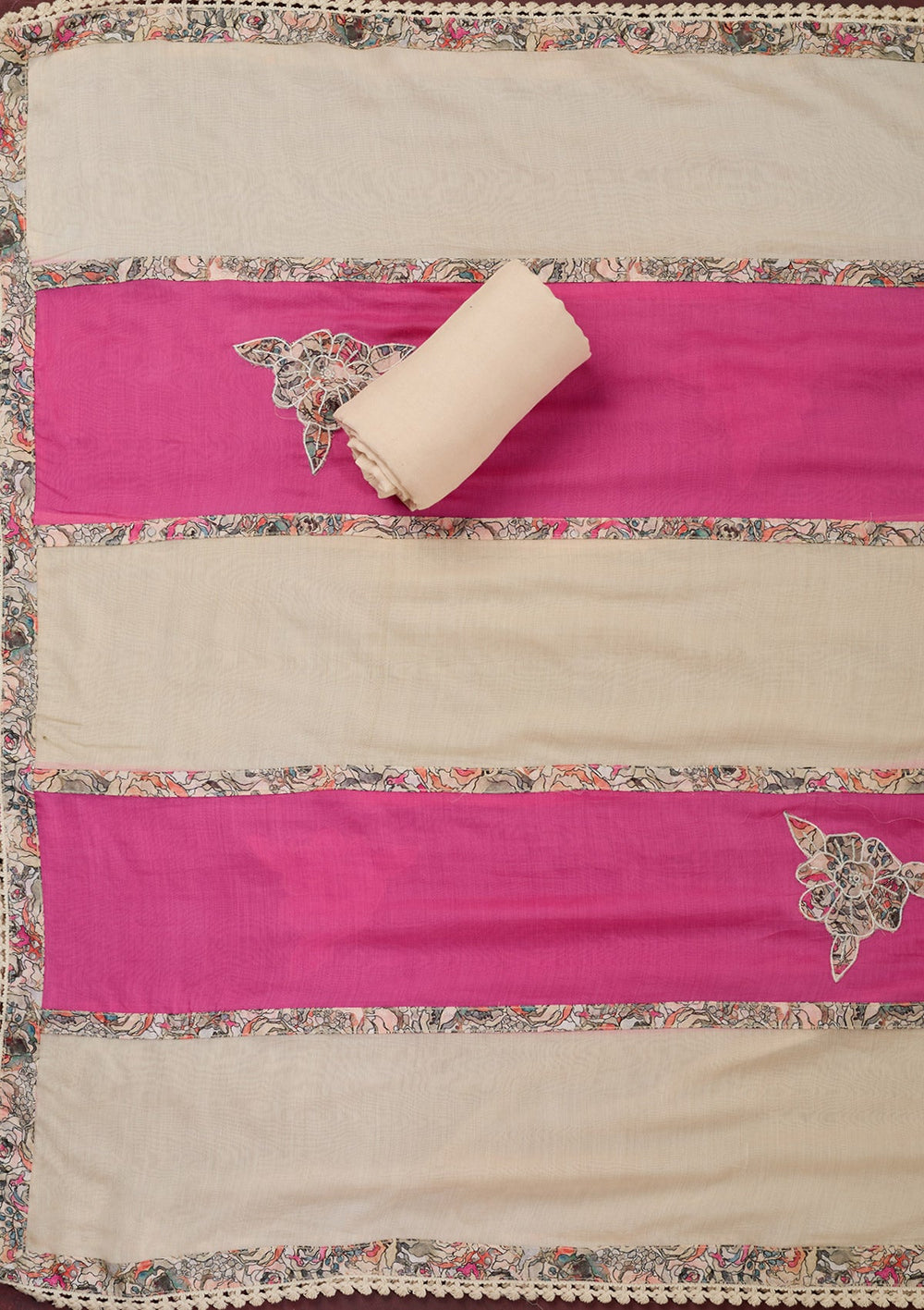 Cream Threadwork Cotton Unstitched Salwar Suit-Koskii