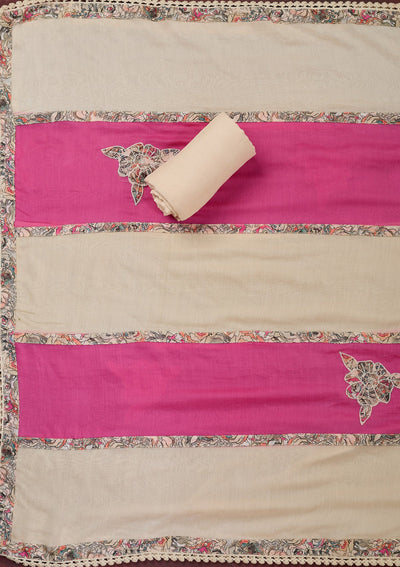 Cream Threadwork Cotton Unstitched Salwar Suit-Koskii