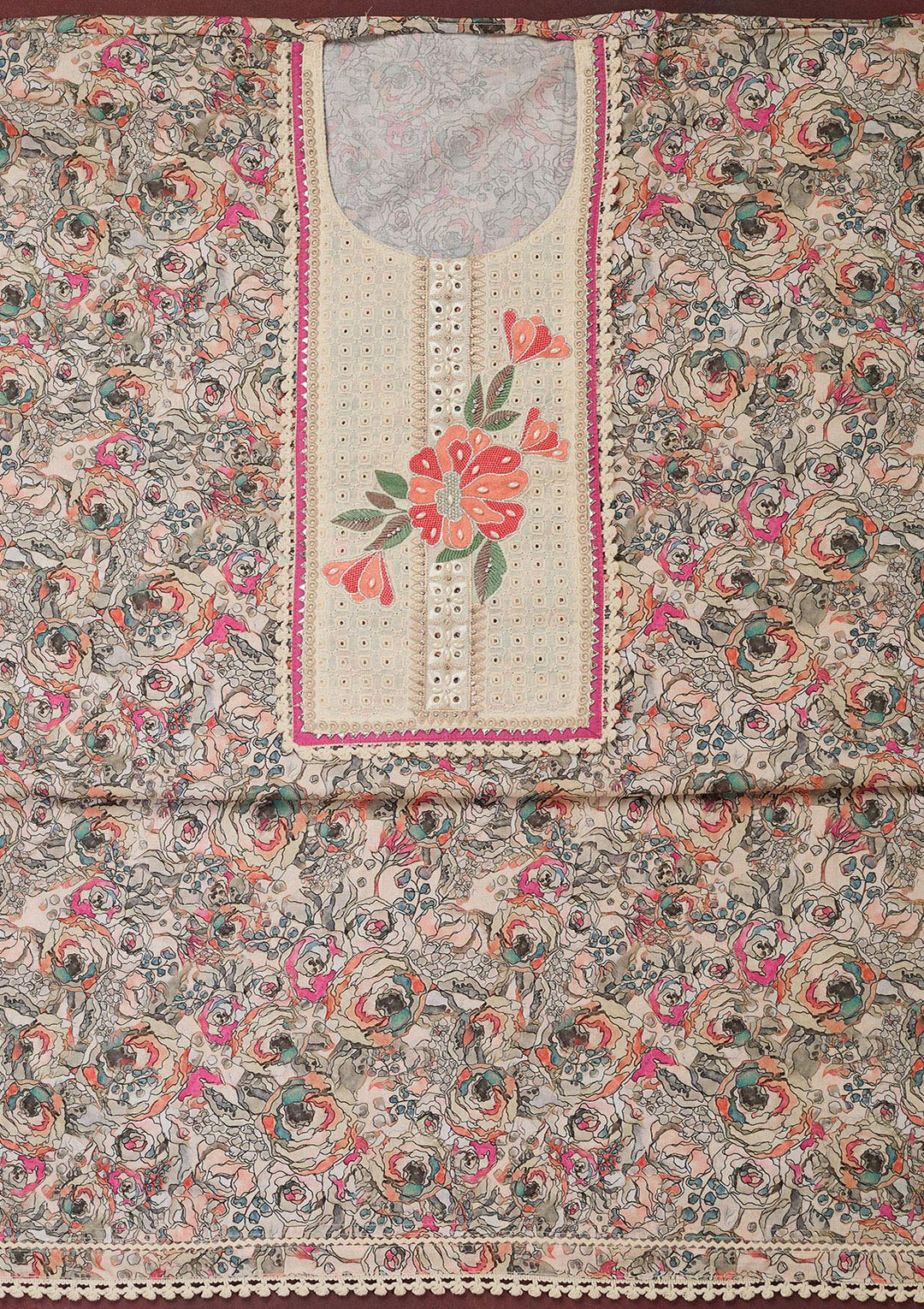 Cream Threadwork Cotton Unstitched Salwar Suit-Koskii