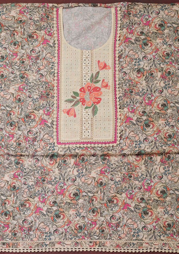 Cream Threadwork Cotton Unstitched Salwar Suit-Koskii