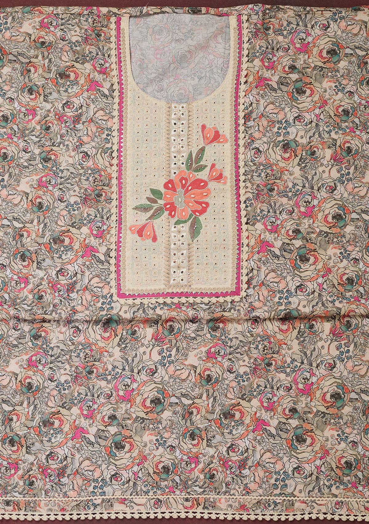 Cream Threadwork Cotton Unstitched Salwar Suit-Koskii