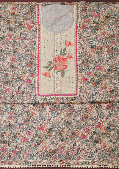 Cream Threadwork Cotton Unstitched Salwar Suit-Koskii
