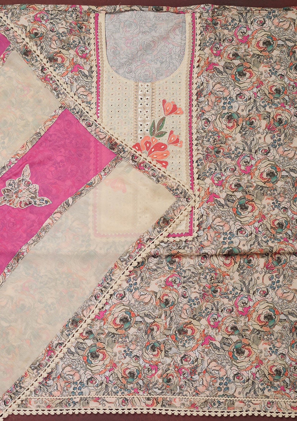 Cream Threadwork Cotton Unstitched Salwar Suit-Koskii