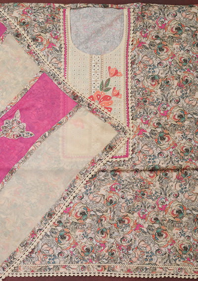 Cream Threadwork Cotton Unstitched Salwar Suit-Koskii