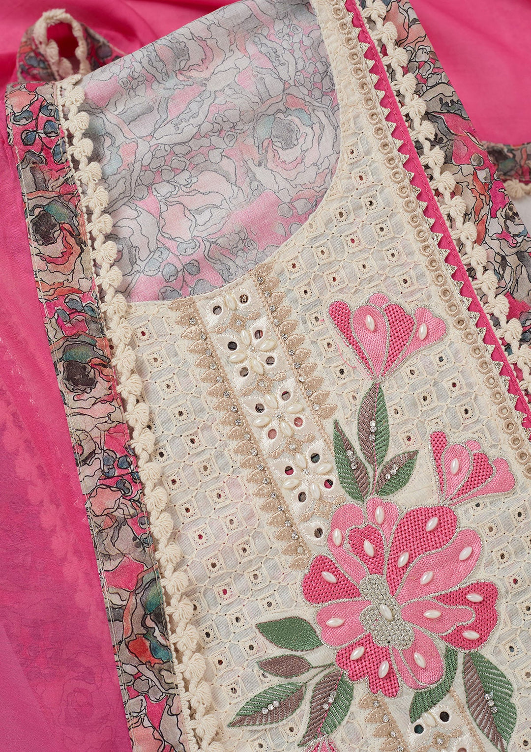 Pink Threadwork Cotton Unstitched Salwar Suit-koskii