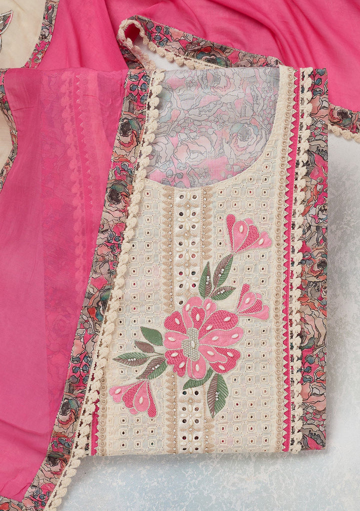 Pink Threadwork Cotton Unstitched Salwar Suit-koskii