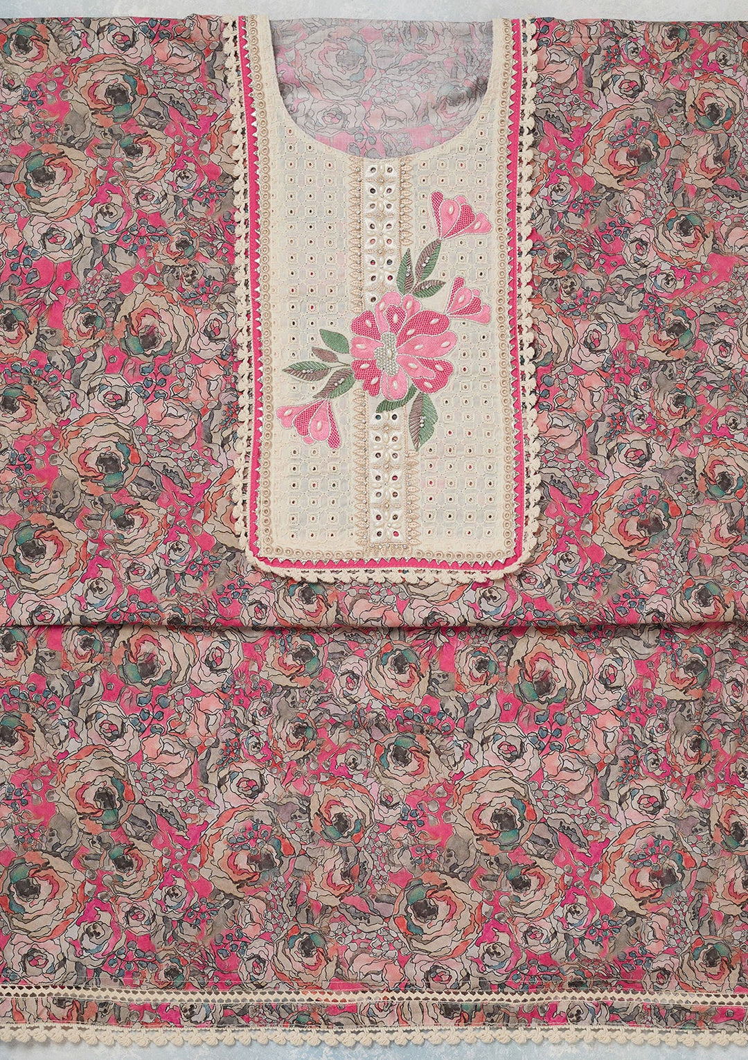 Pink Threadwork Cotton Unstitched Salwar Suit-koskii