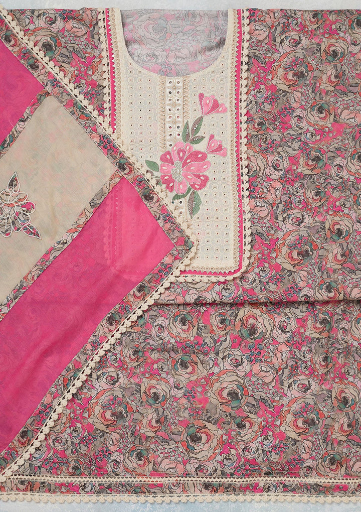 Pink Threadwork Cotton Unstitched Salwar Suit-koskii