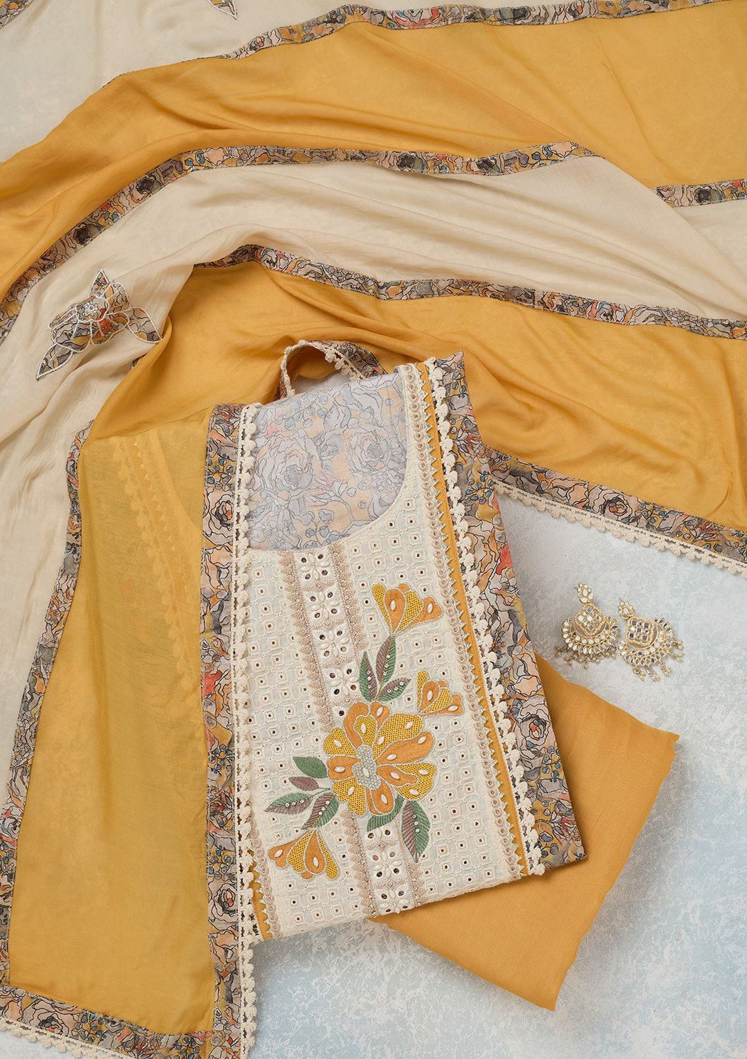 Yellow Threadwork Cotton Unstitched Salwar Suit-koskii