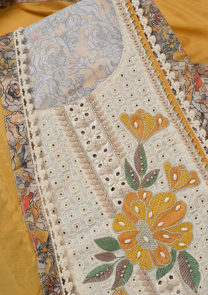 Yellow Threadwork Cotton Unstitched Salwar Suit-koskii