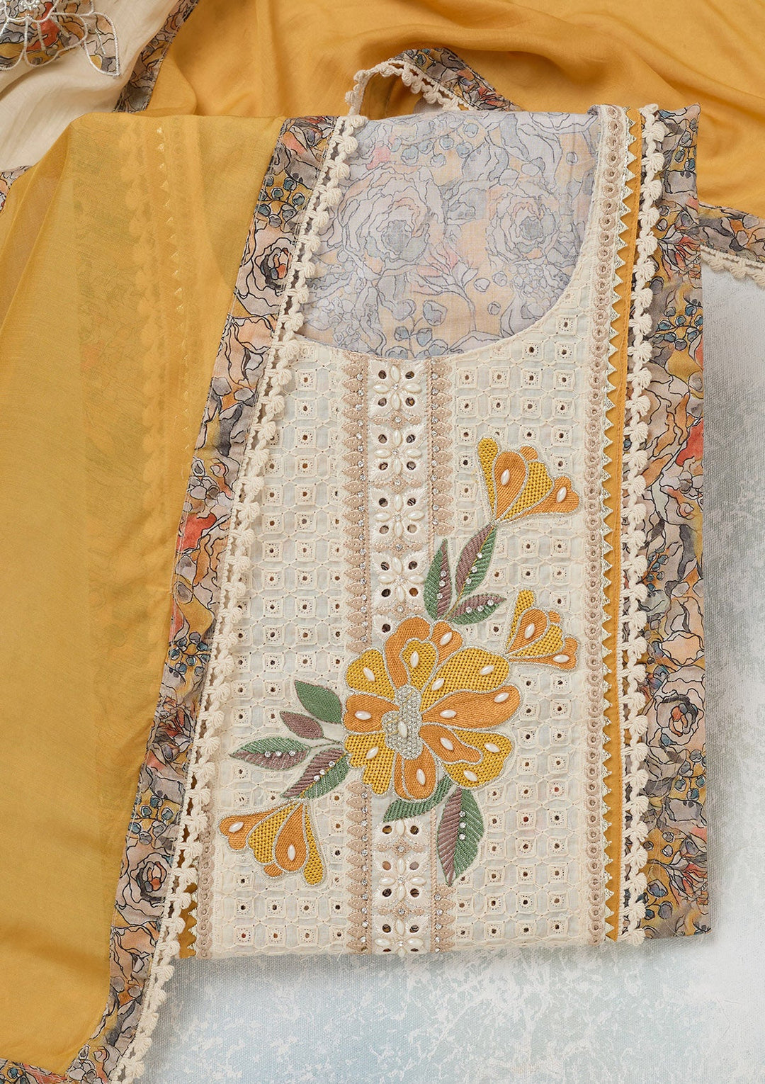 Yellow Threadwork Cotton Unstitched Salwar Suit-koskii