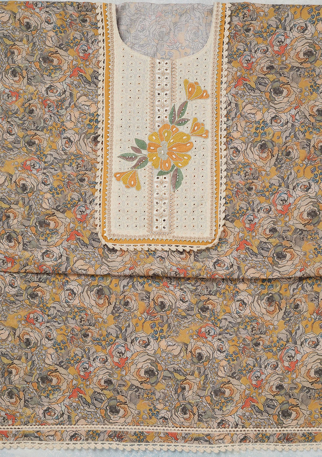 Yellow Threadwork Cotton Unstitched Salwar Suit-koskii