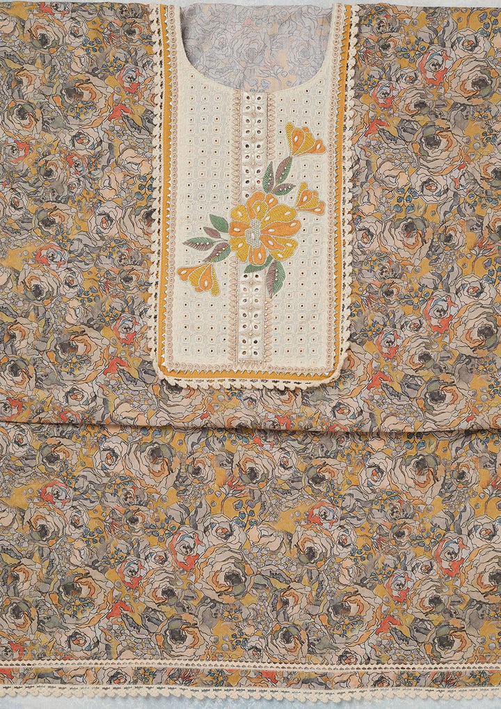 Yellow Threadwork Cotton Unstitched Salwar Suit-koskii