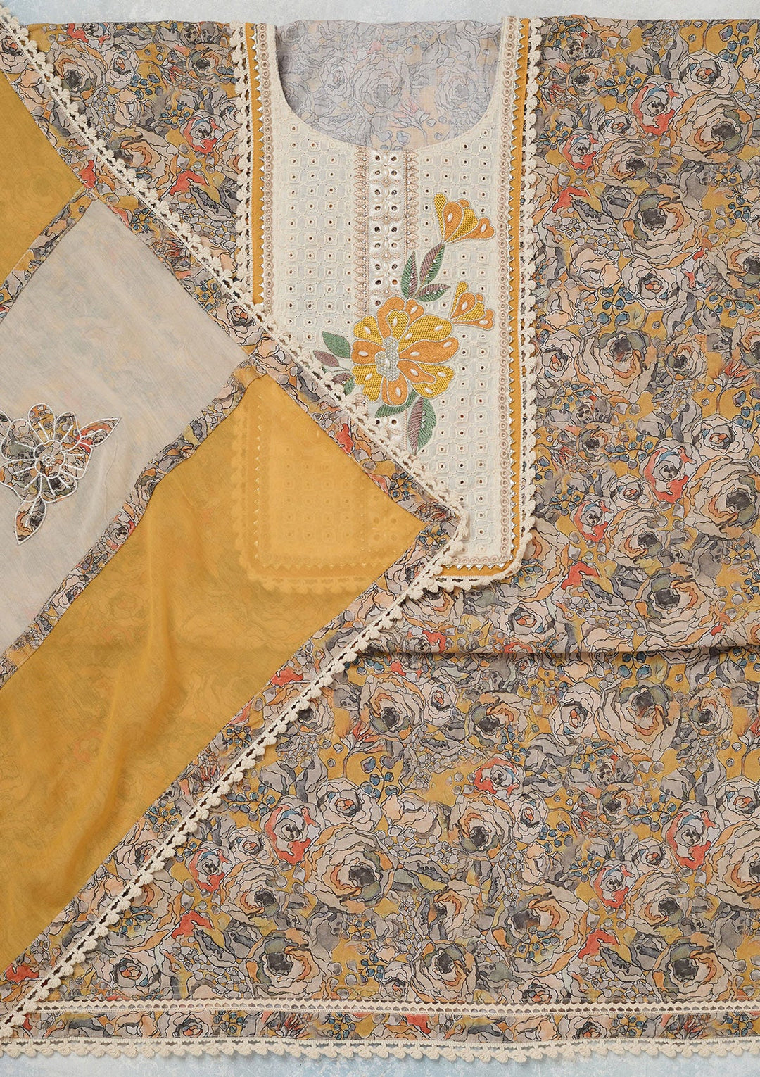 Yellow Threadwork Cotton Unstitched Salwar Suit-koskii