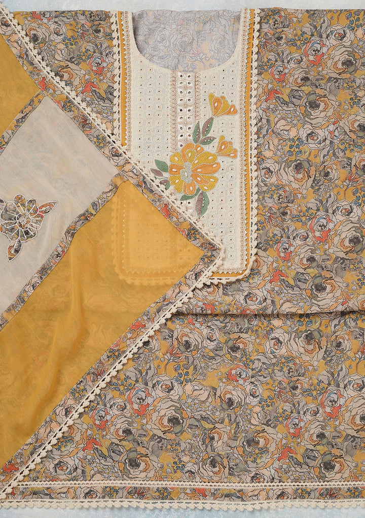 Yellow Threadwork Cotton Unstitched Salwar Suit-koskii