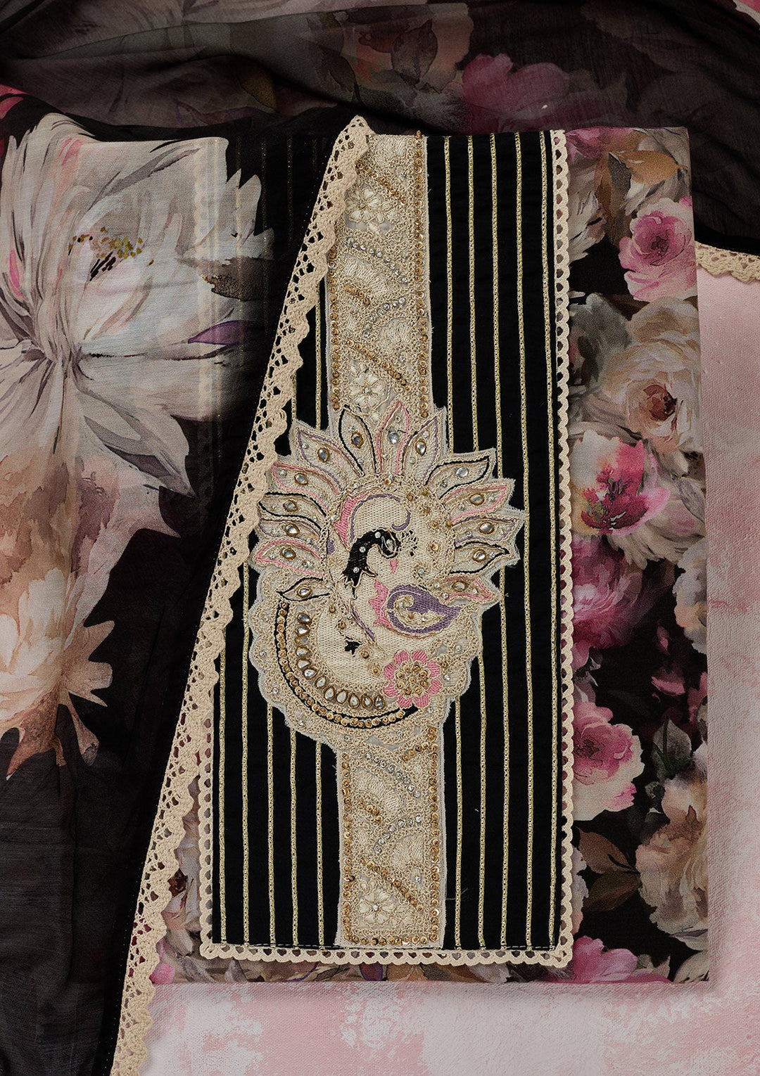 Black Threadwork Cotton Unstitched Salwar Suit-Koskii