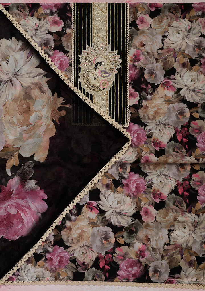 Black Threadwork Cotton Unstitched Salwar Suit-Koskii