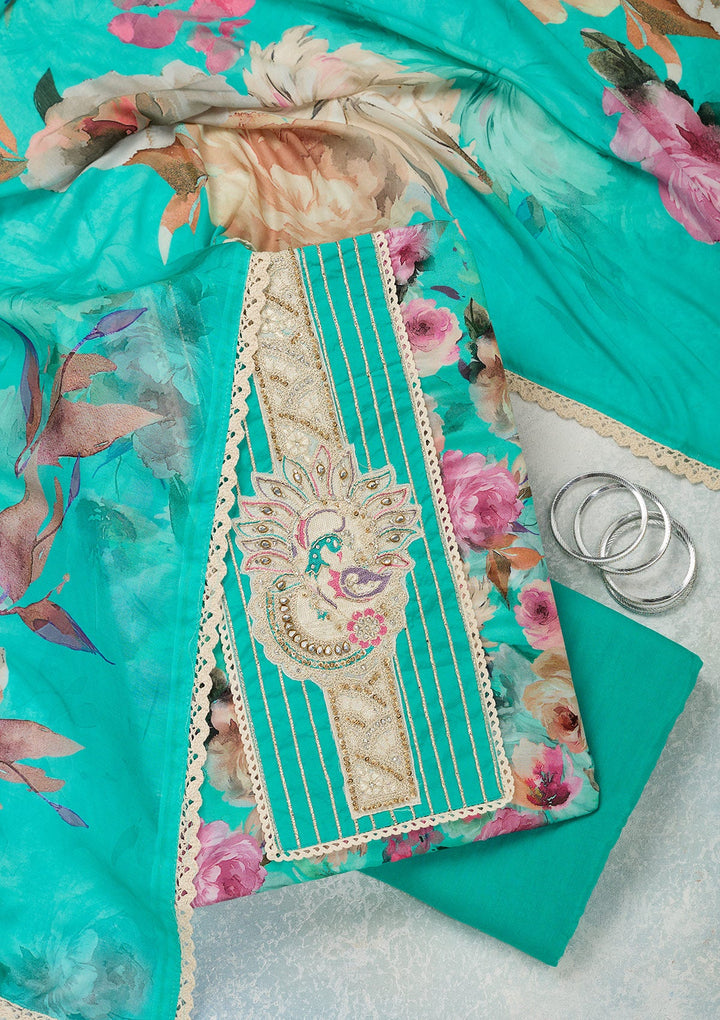 Turquoise Blue Threadwork Cotton Unstitched Salwar Suit-Koskii